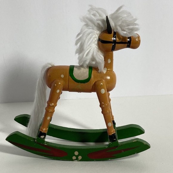 Christmas Rocking Horse Wood Vintage Figure Miniature White Green Brown 7in Tall - Picture 4 of 7